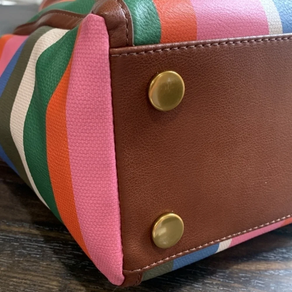 Fossil Sydney tote in Colorful Stripes brown vegan leather trim new with tags